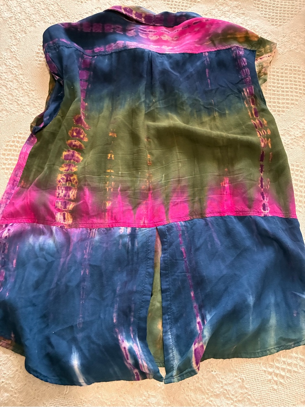 CHAMBRAI LOS ANGELES Blouse Women's Sz L Colorful Tie Dye Cap Sleeve Button Down - Picture 7 of 11